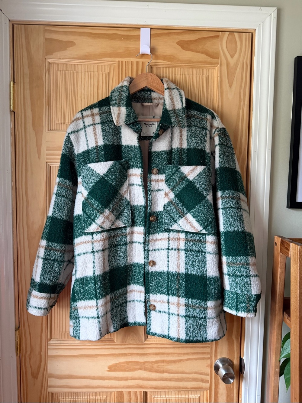 Abercrombie & Fitch Green and White Plaid Teddy Jacket